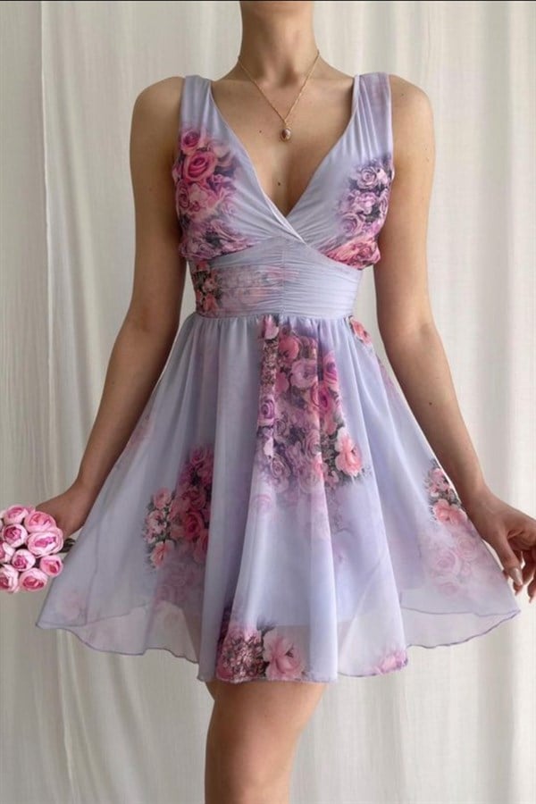 Çiçek Desen Sifon Elbise